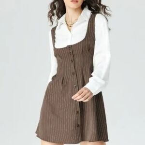 Cider Brown Pinstripe Button Down Sleeveless Dress
